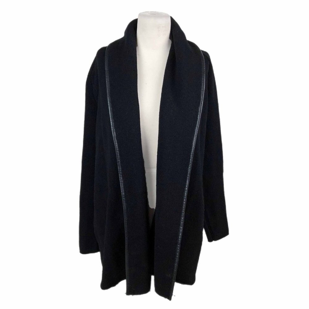 VINCE Wool Yak Lambskin Leather-Trimmed Cardigan Sweater Black Open Front XS